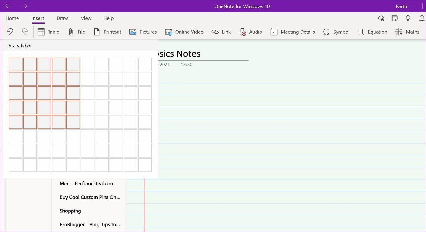 Add table in onenote