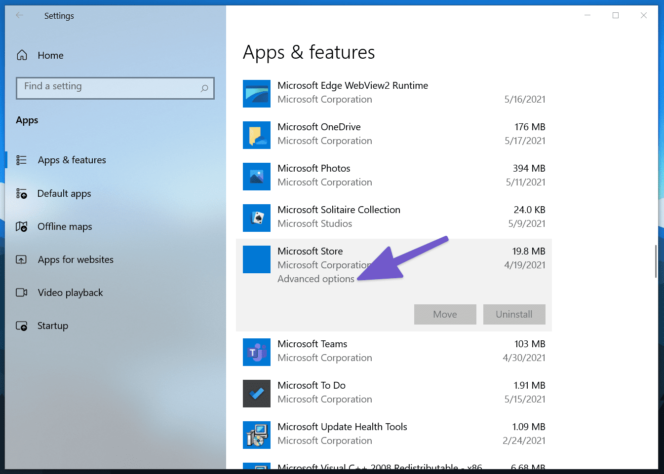 Advanced options in microsoft store
