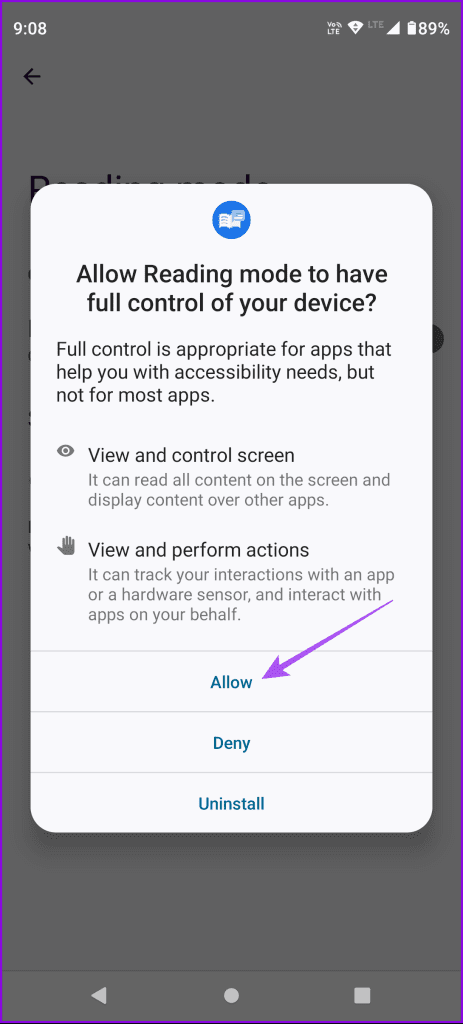 allow reading mode app access android