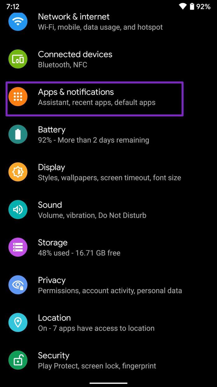 Apps and notifications menu