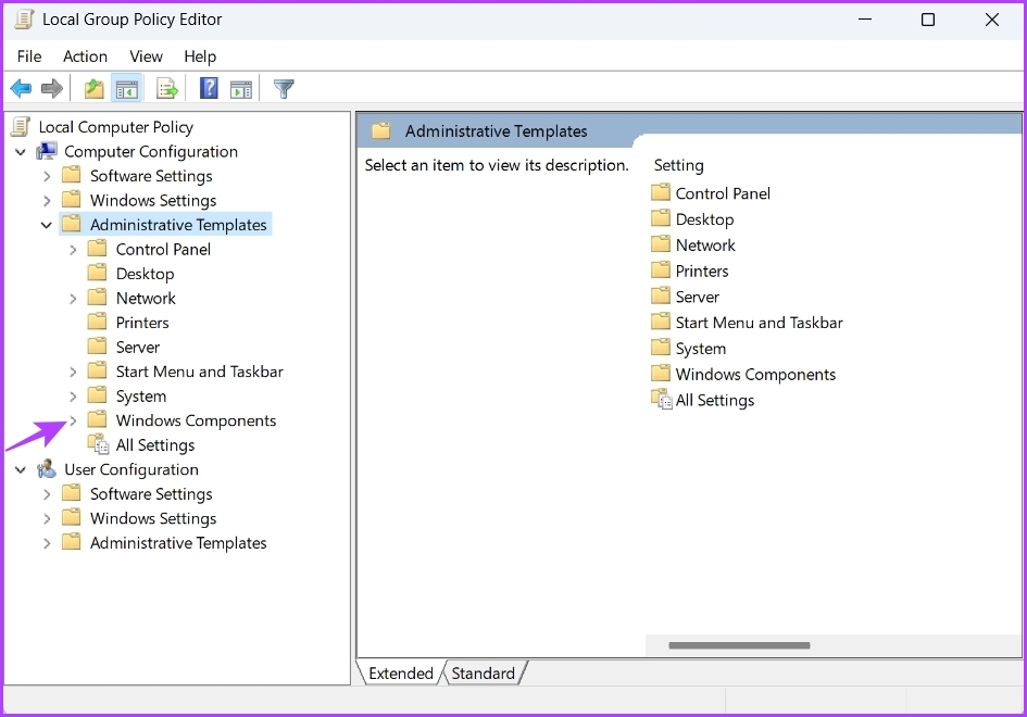 arrow before Windows Components in the Local Group Policy Editor