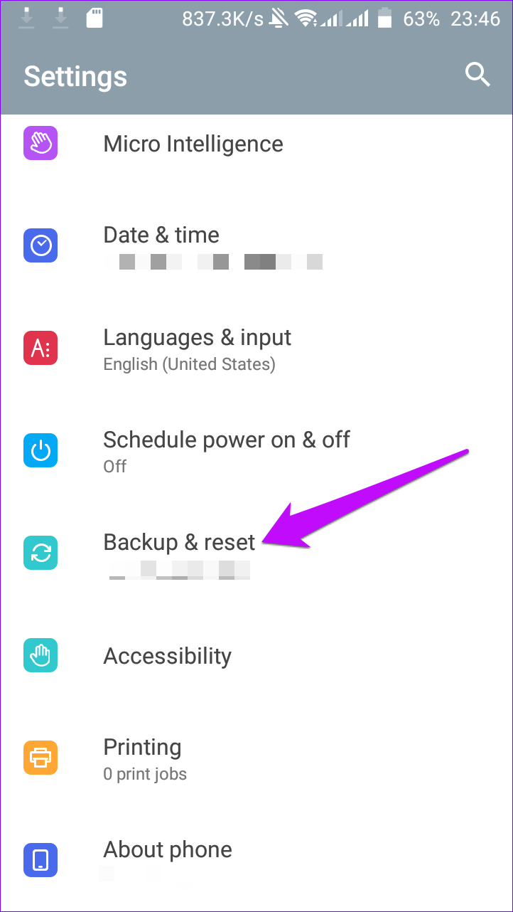 Backup and reset settings page Android