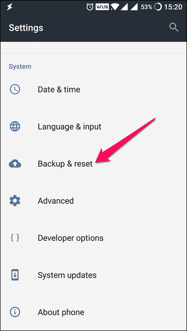 Backup And Reset Under Settings