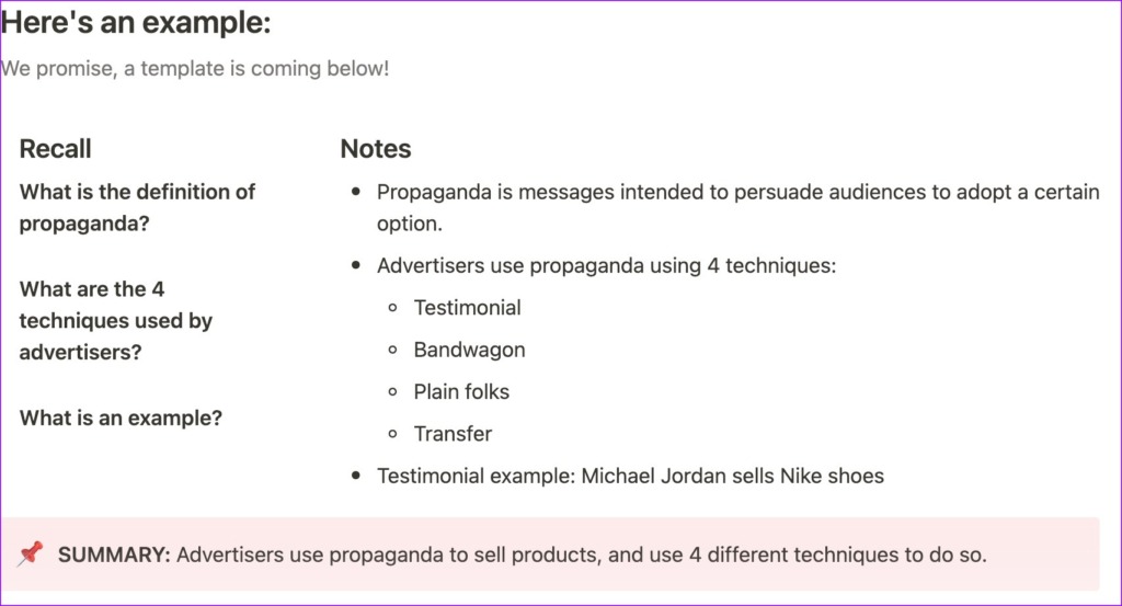 Cornell notes notion template