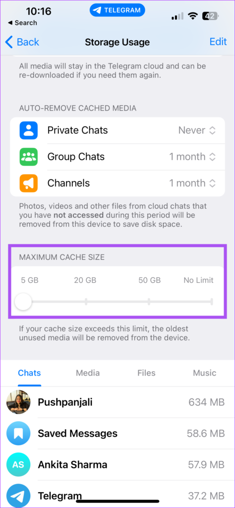 change telegram cache size mobile
