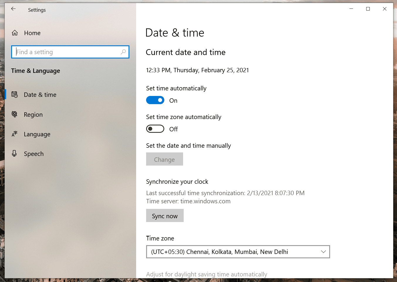 Change date time on windows