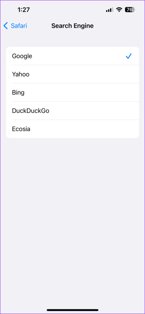 Select your default search engine for Safari