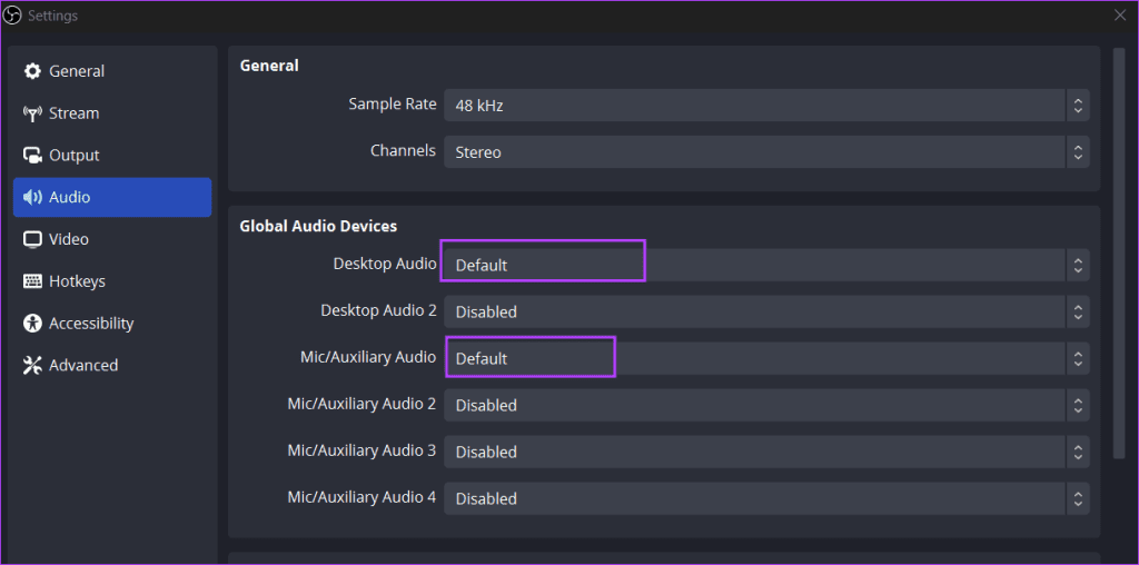 change global audio devices in obs studio
