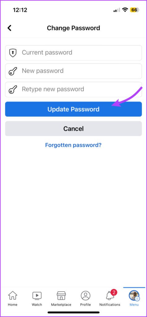 Enter the current and new password