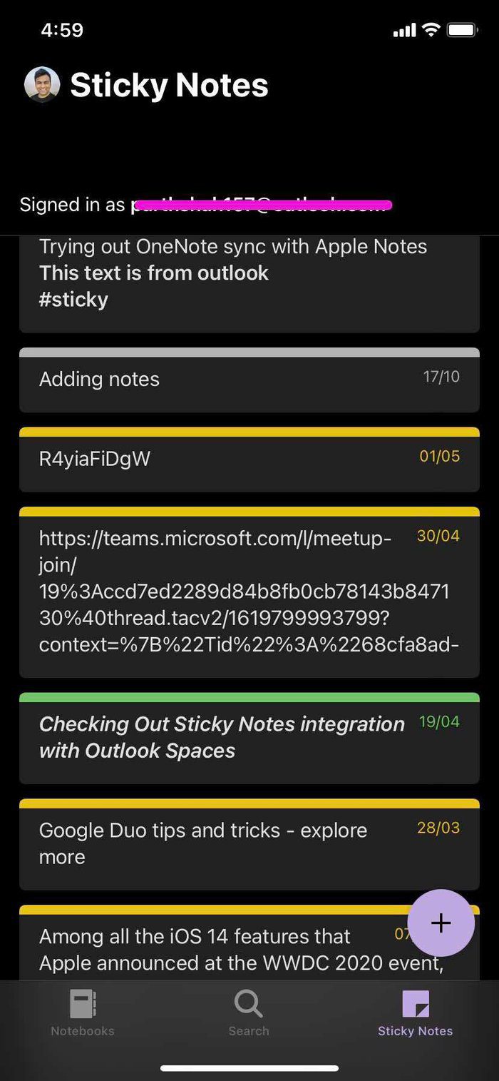 Check sticky notes in onenote