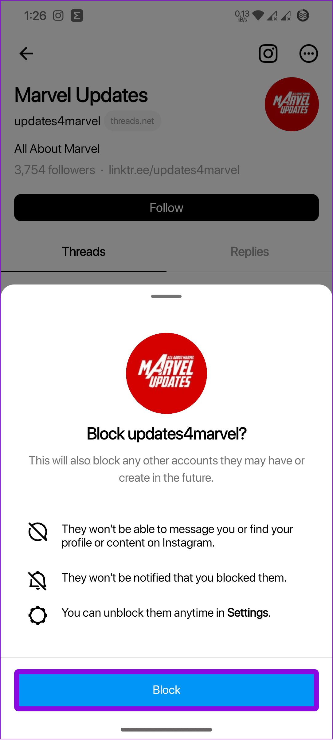 برای تایید، Block را انتخاب کنید