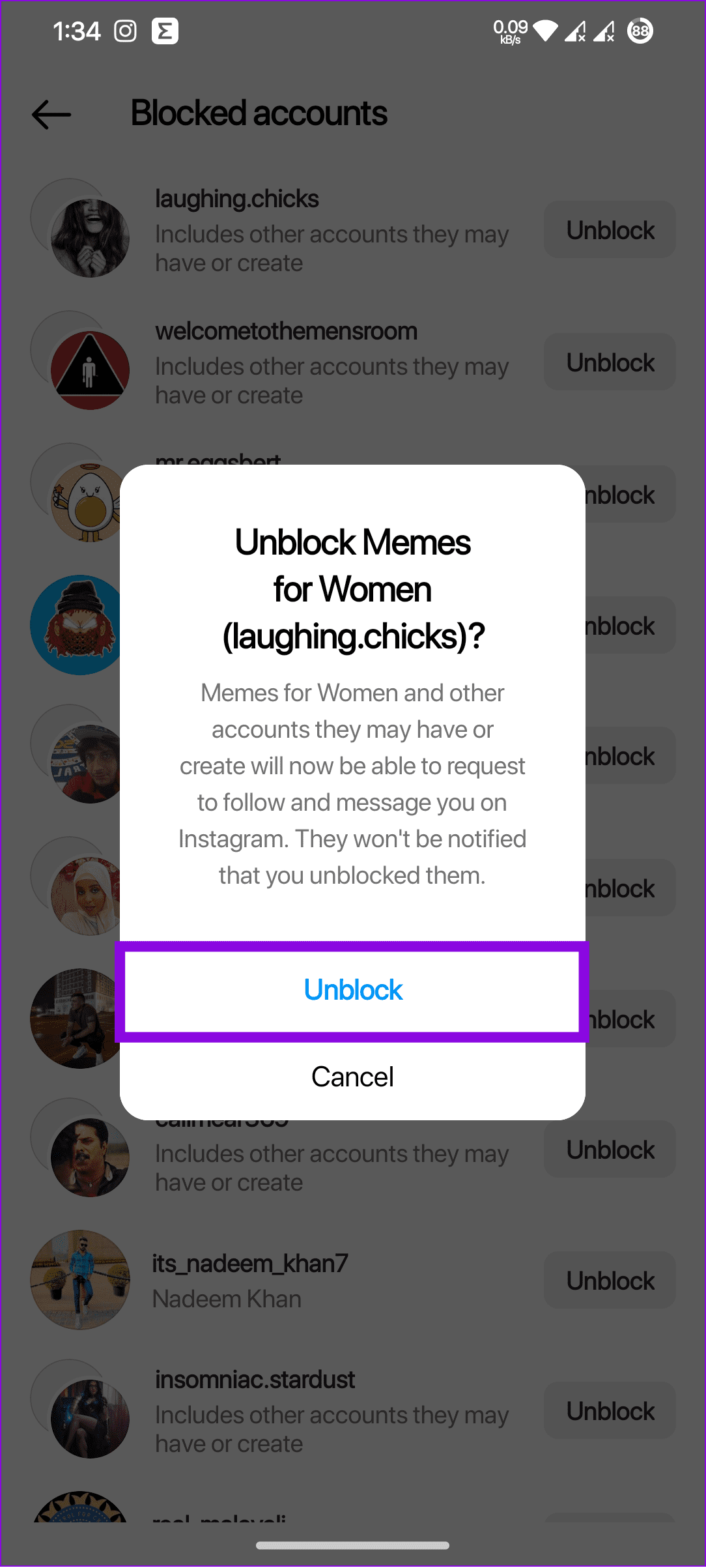 برای تایید، Unblock را انتخاب کنید