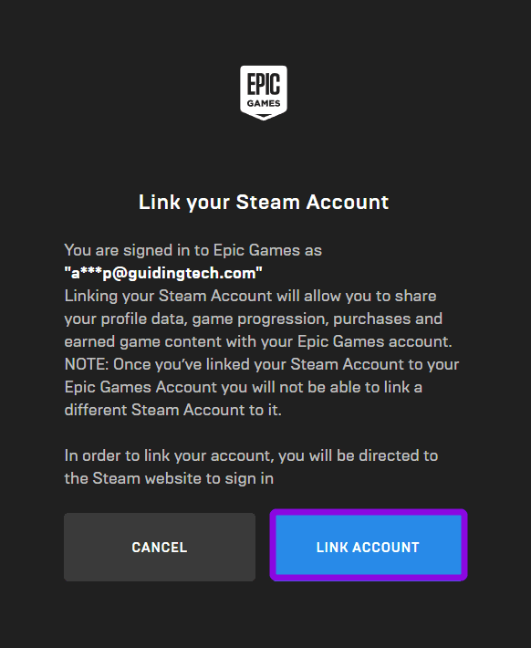 choose link to confirm linking steam to epic