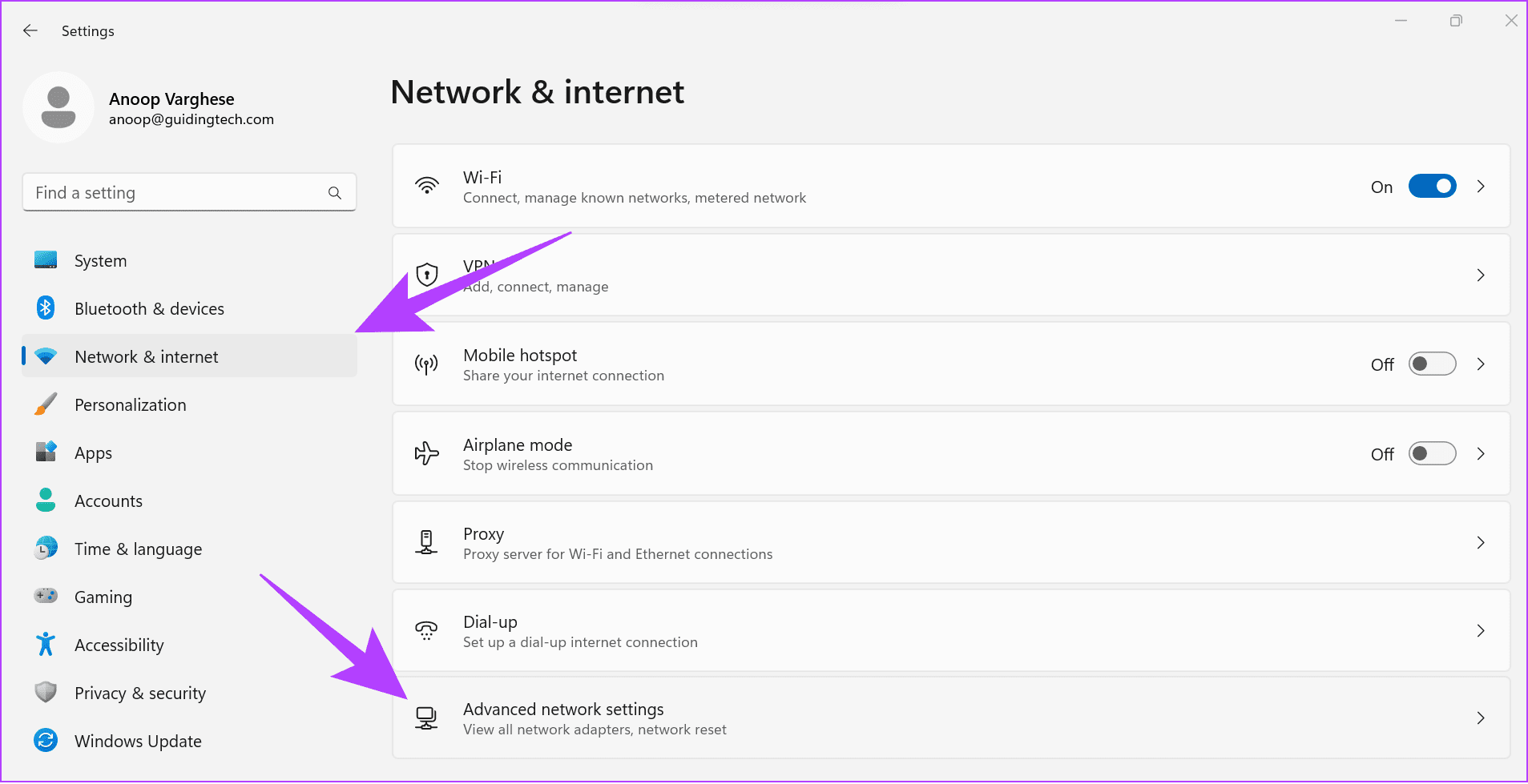 choose network and internet and then choose advbacned network settings
