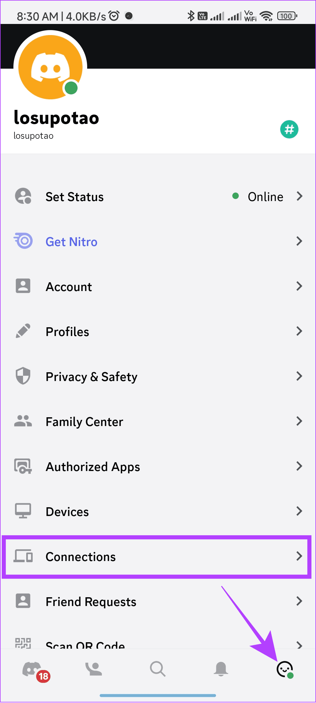 choose profile and then tap connections