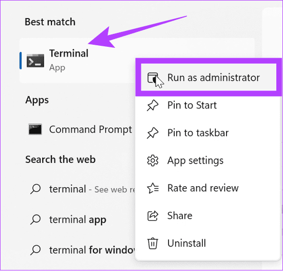 choose terminal and then select run as administrator