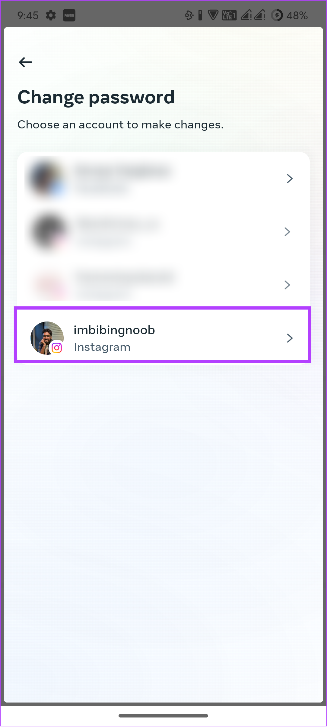 choose the account you want to change Instagram password