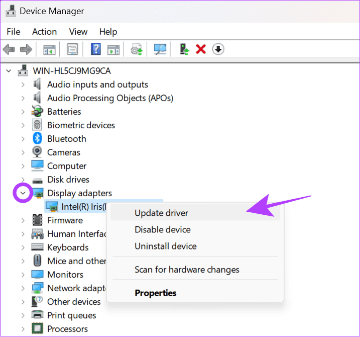 choose the down arrow and then select update drivers