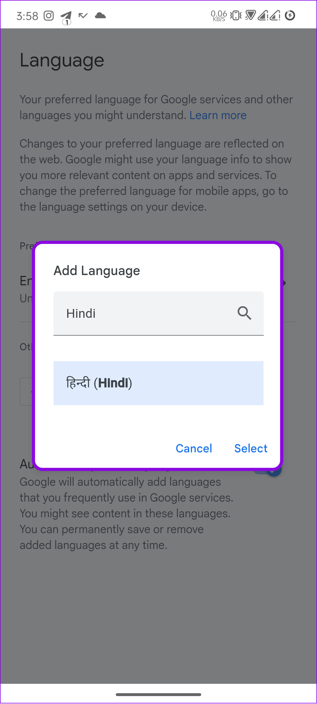 choose the language and tap Select