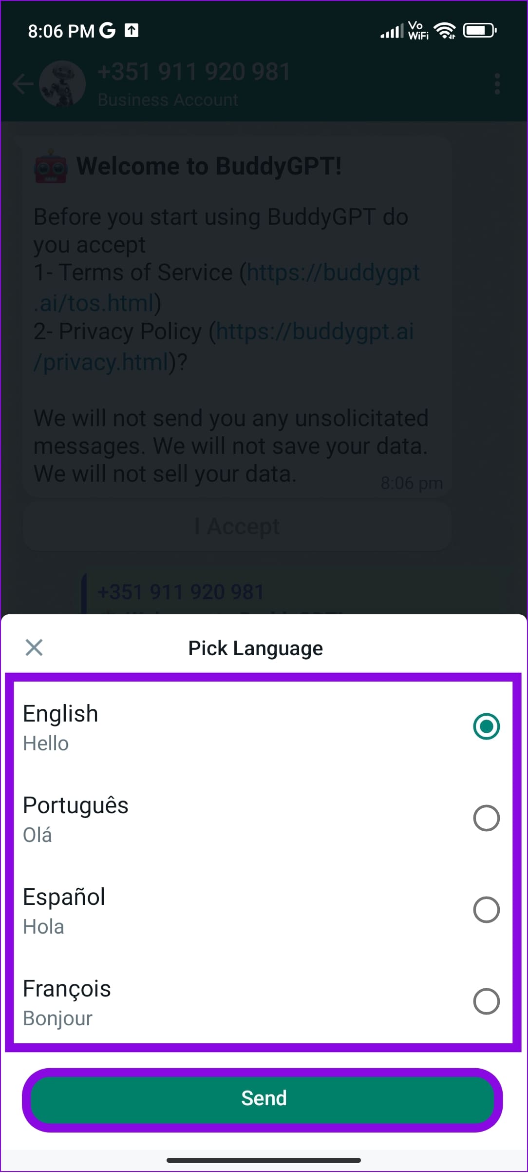 choose the language and tap Send
