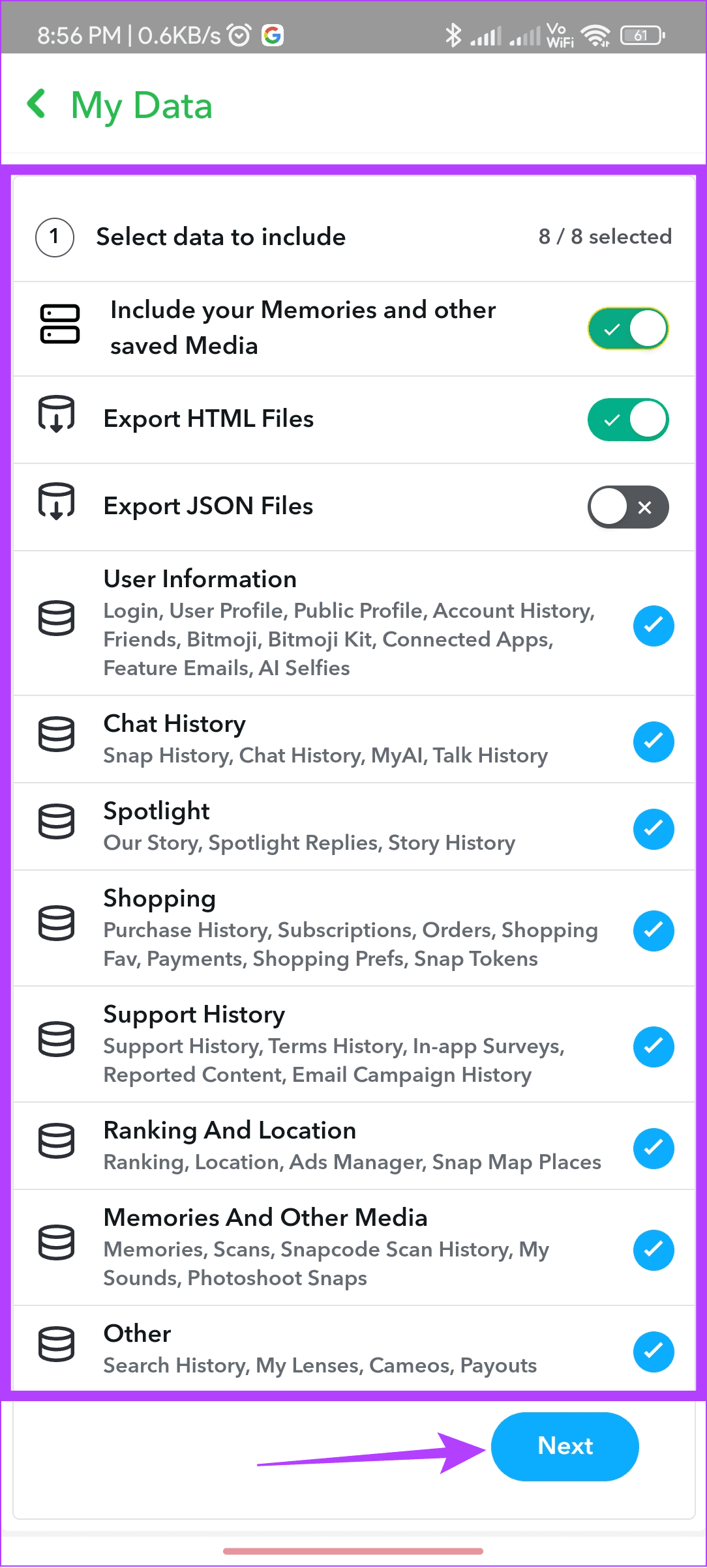 choose the options and then tap Next