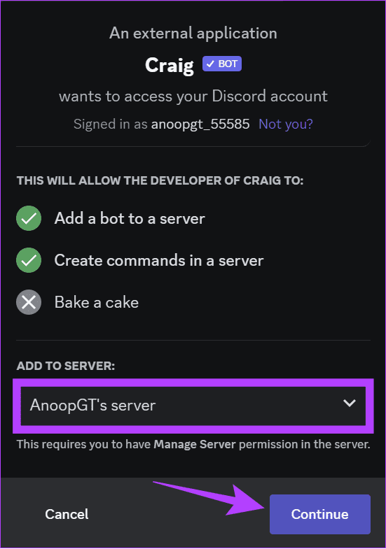 choose the server and then hit Continue