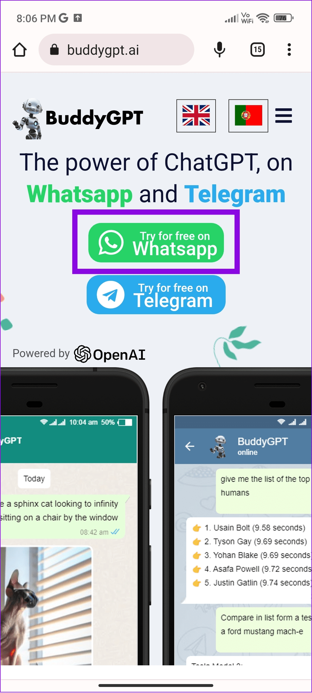 choose try for free on WhatsApp BuddyGPT WhatsApp