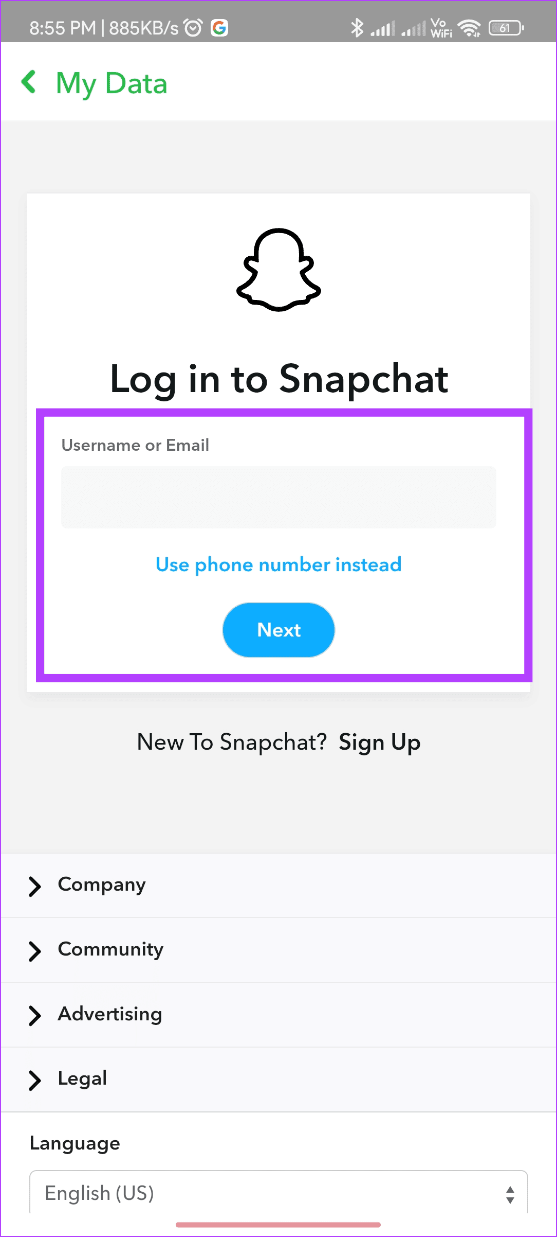 choose username and then tap next