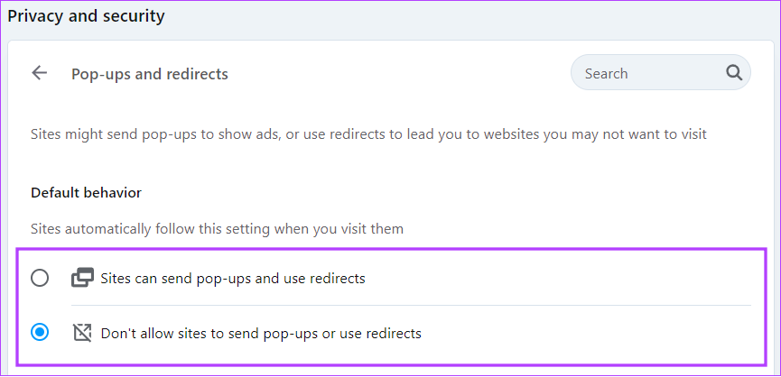 choose weather you want to block or allow pop ups and redirects on Opera