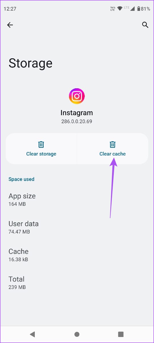 clear cache Instagram android