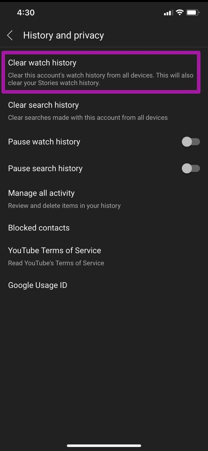 Clear watch history in youtube