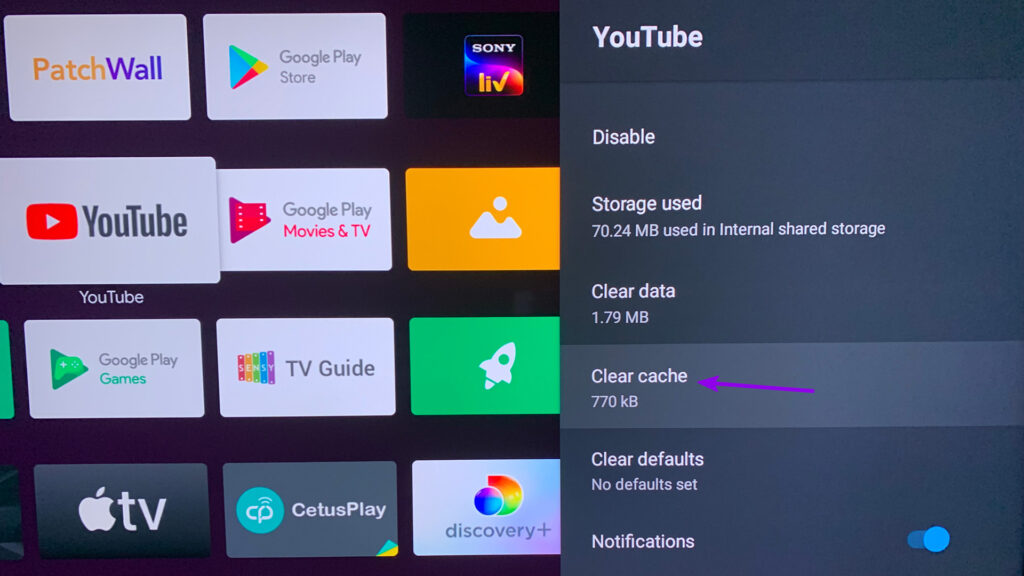 clear cache youtube android tv