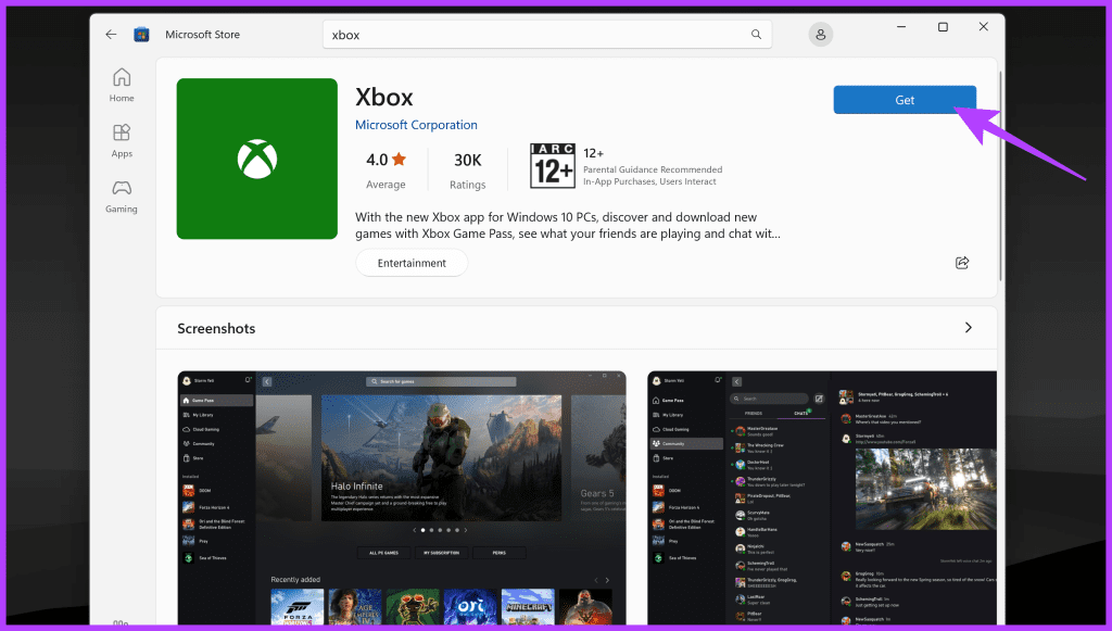 click on Get to install the Xbox app on your PC