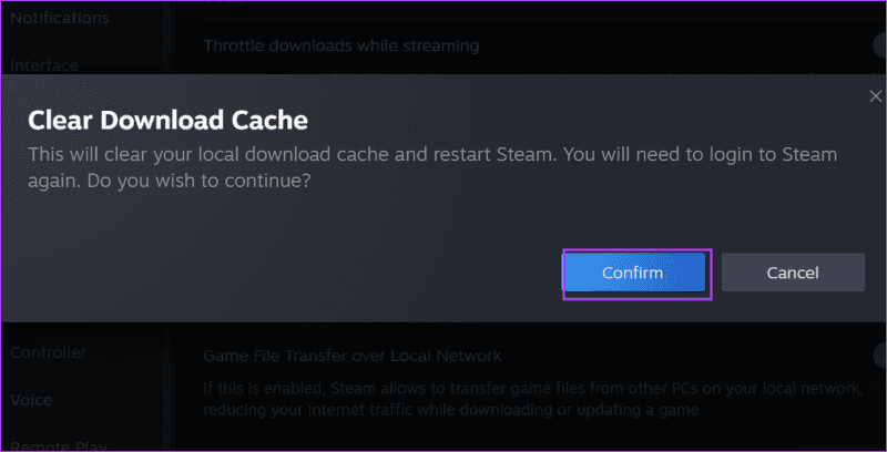 confirm clearing download cache in steam