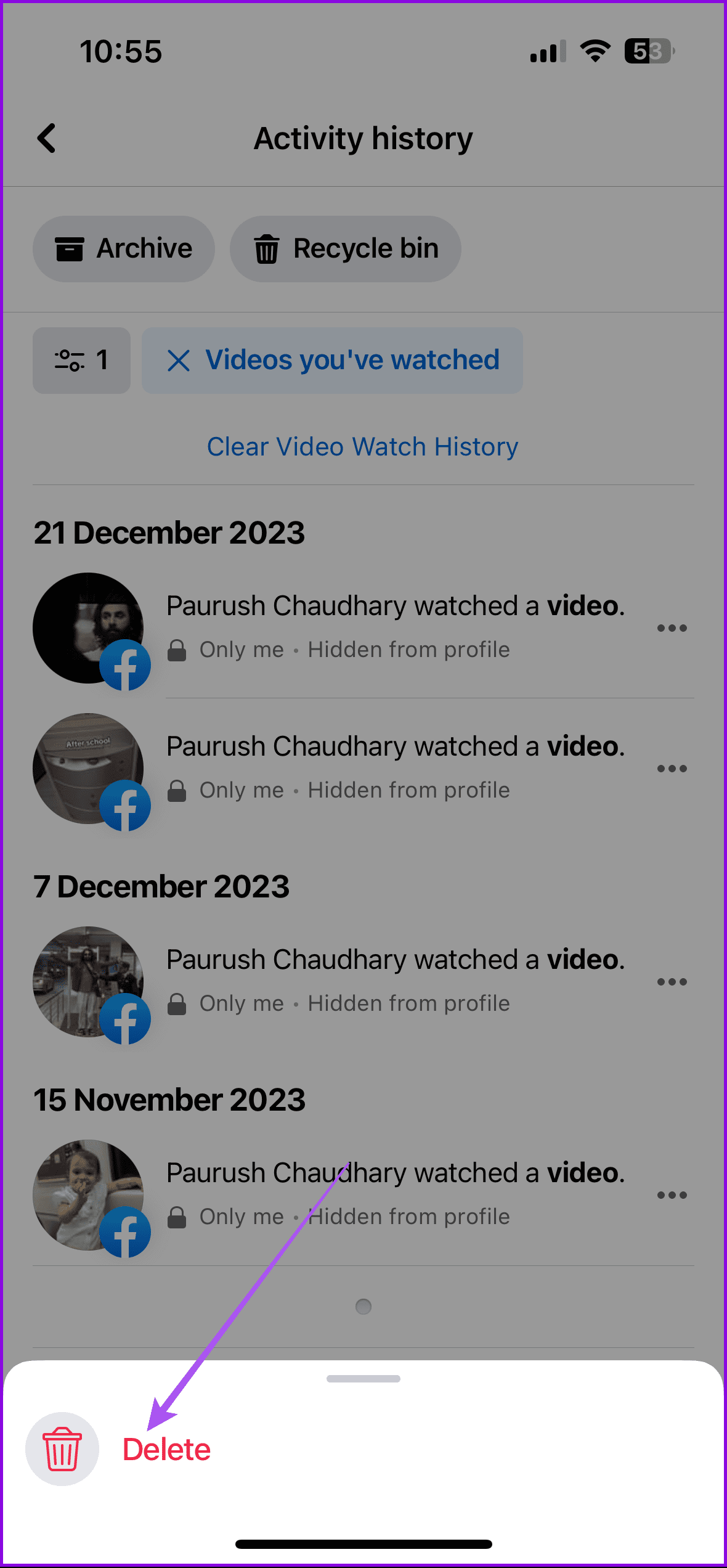 confirm delete facebook watch history mobile