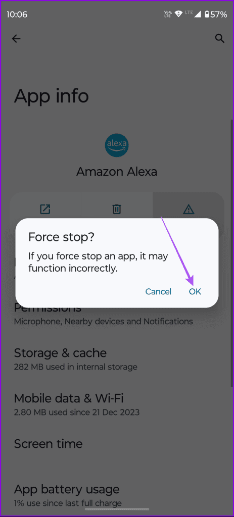 confirm force stop alexa app android