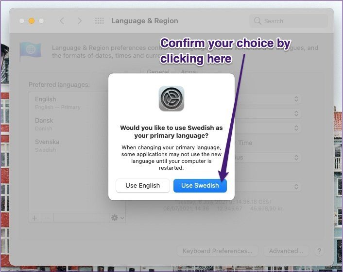 Confirm language change in mac