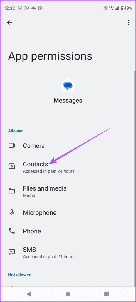 contacts permissions app info messages android