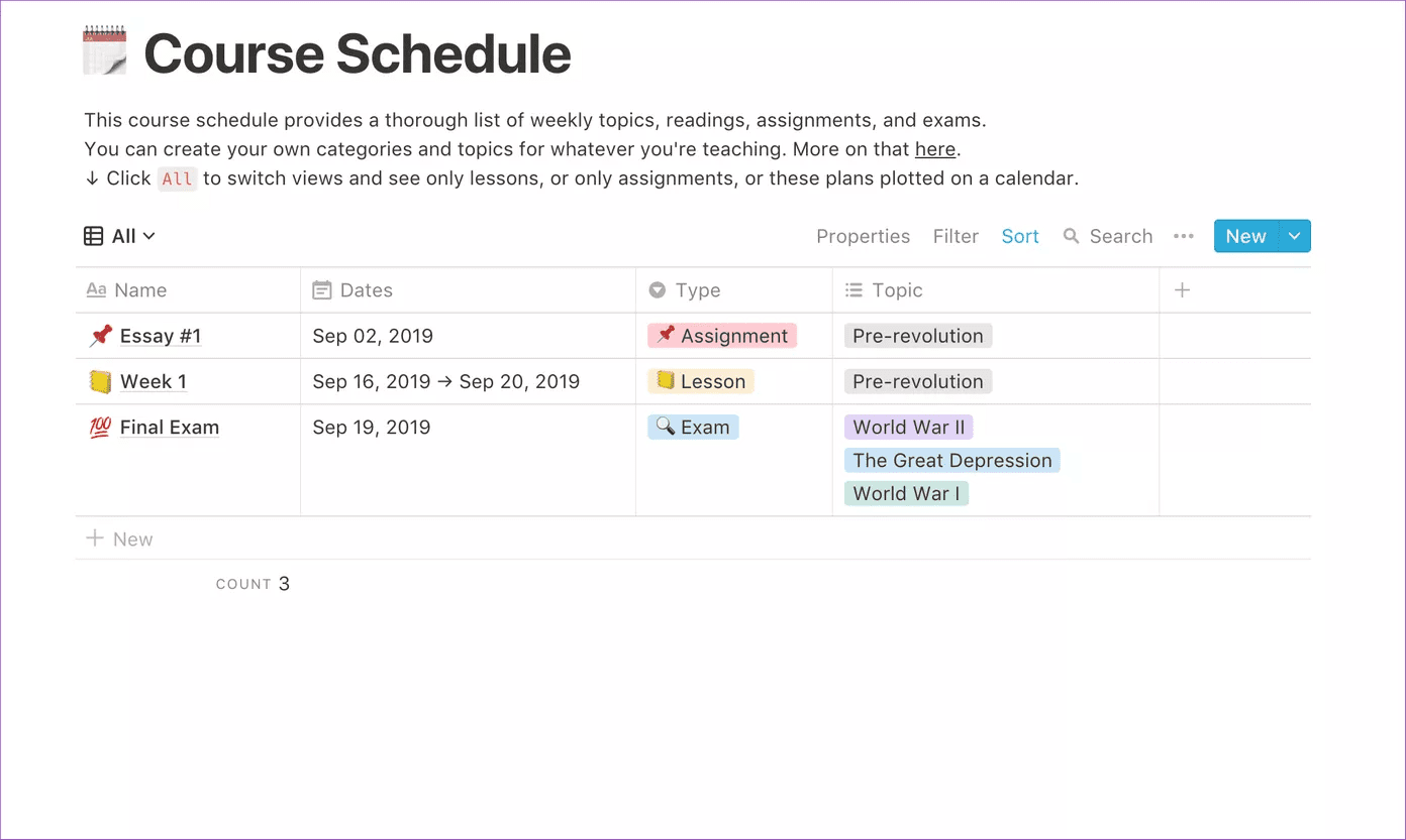 Course schedule in notion
