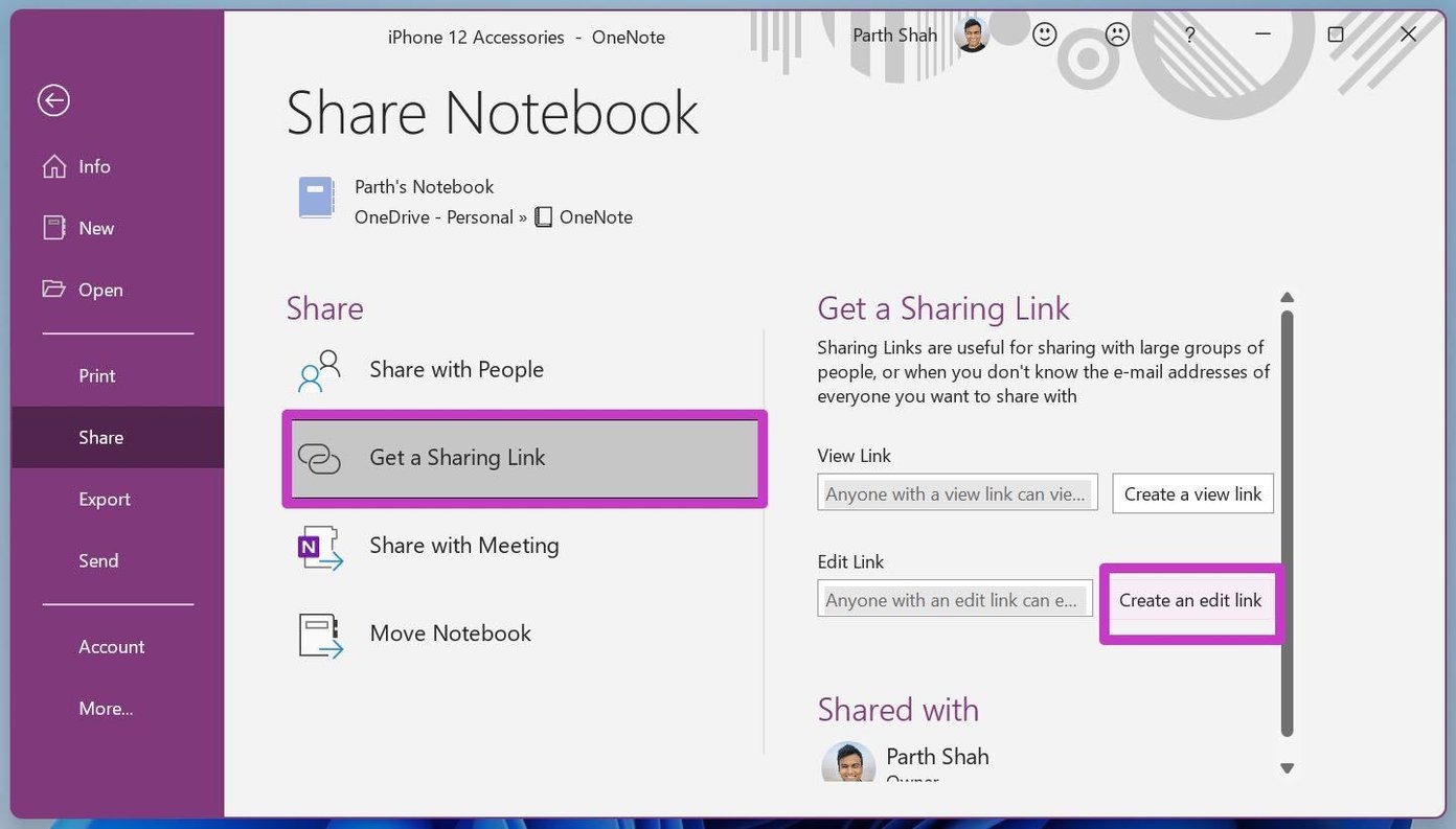 Create an edit link for onenote