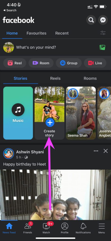 Tap the Crete Story button from Facebook Home