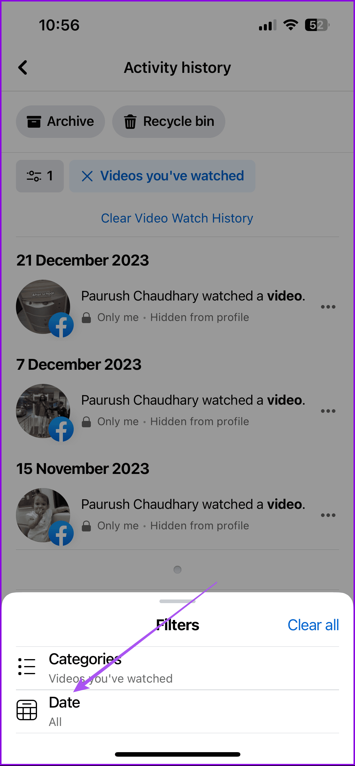 date filters facebook watch history mobile