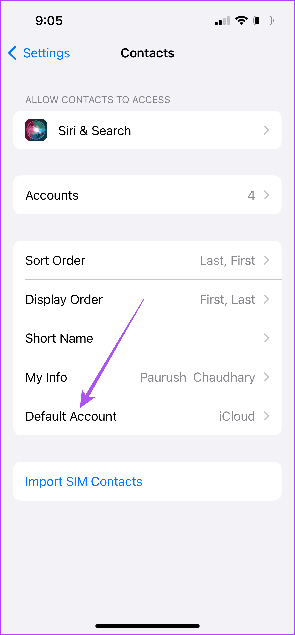 default account contacts app iphone