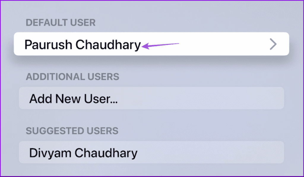 default user name apple tv settings