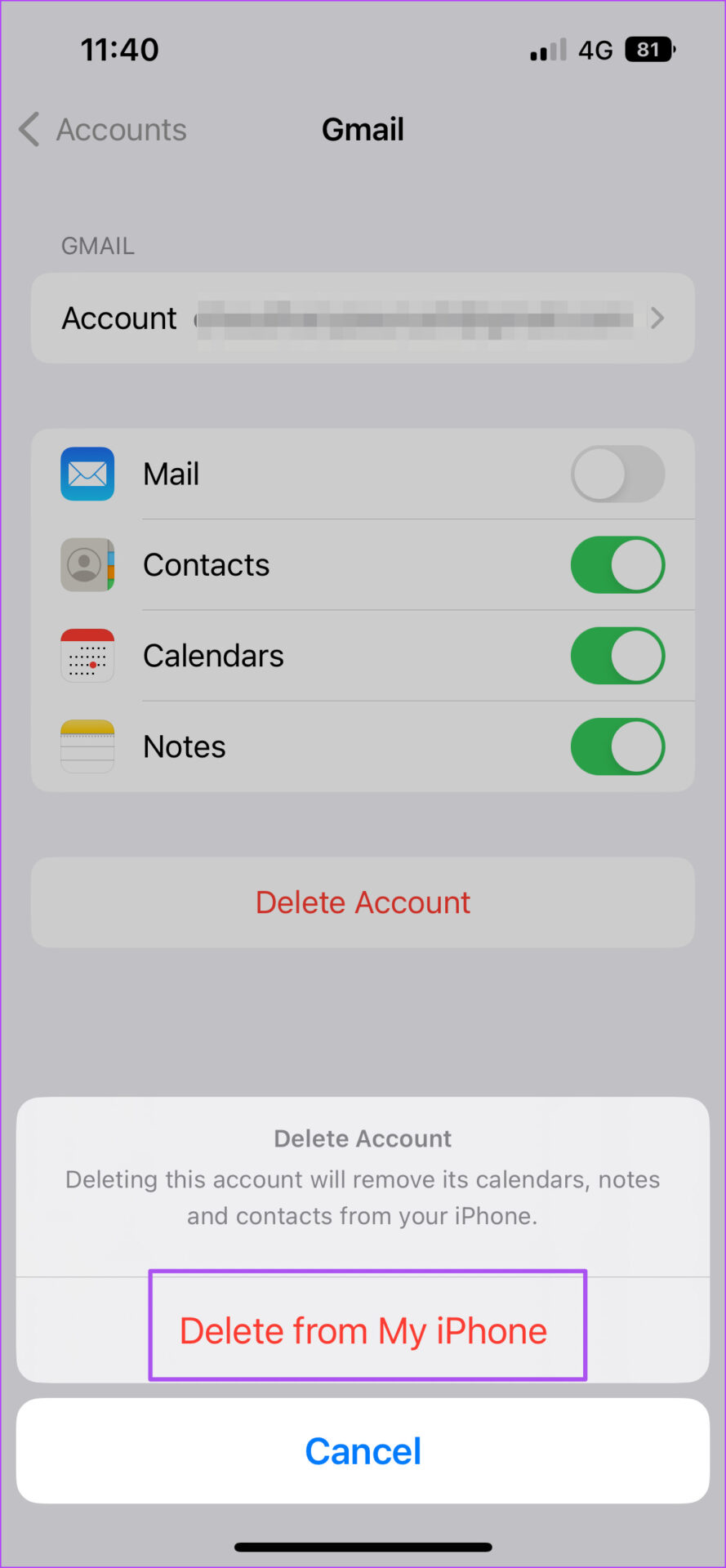 delete Gmail account mail app iphone