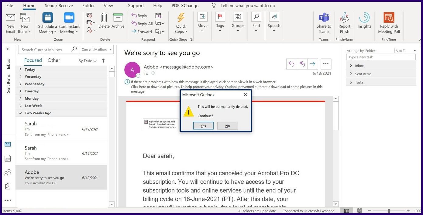 Delete microsoft outlook email error message step 2