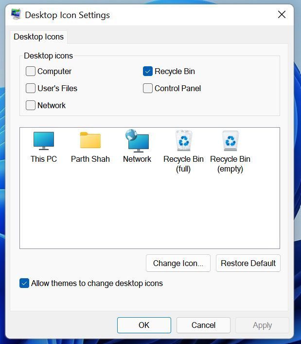 Desktop icon settings menu