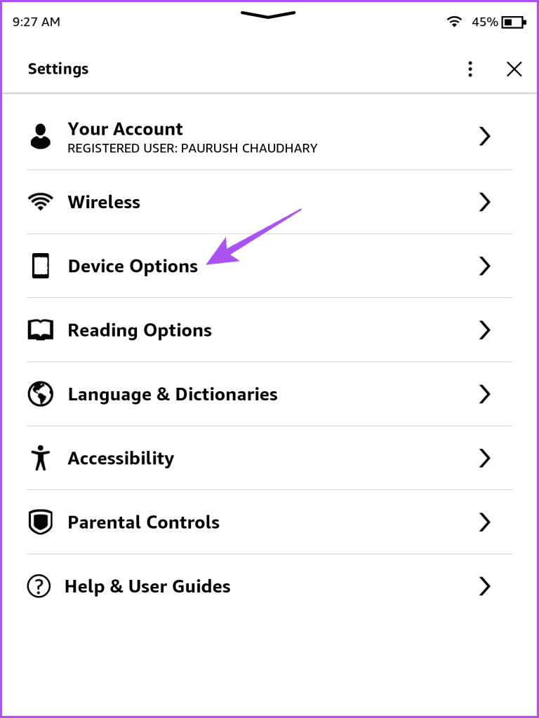 device options kindle settings