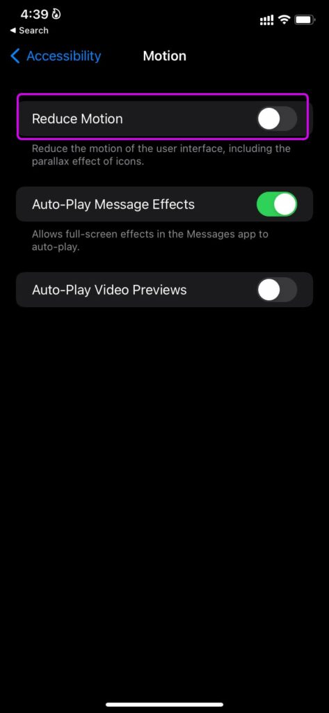 disable reduce motion on iPhone