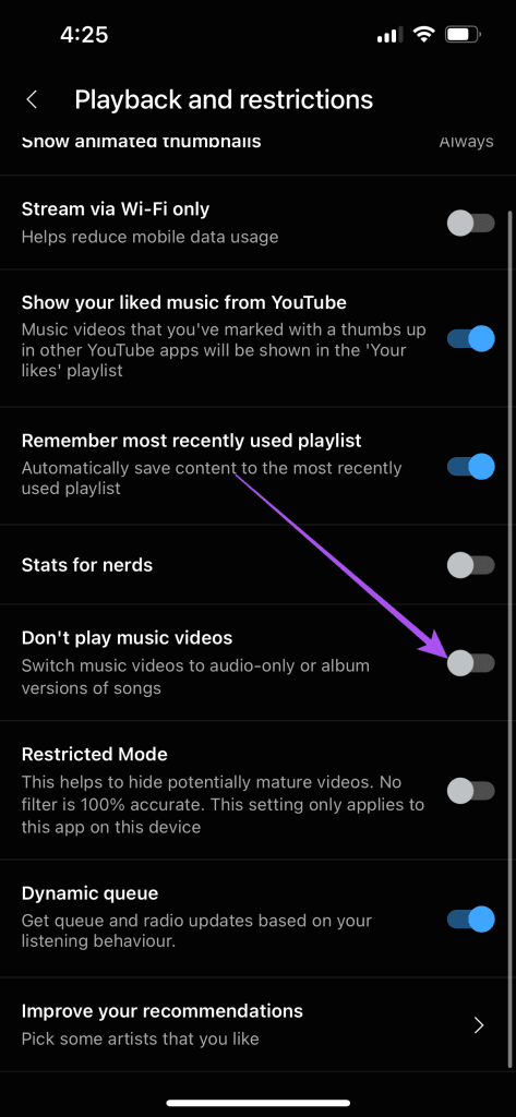 dont play music video settings yt music